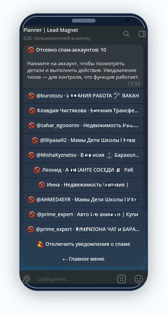 Список подозрительных участников после проверки по антиспам-базам