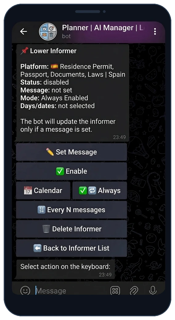 Bottom informer settings menu in the ReklamaPlanbot bot