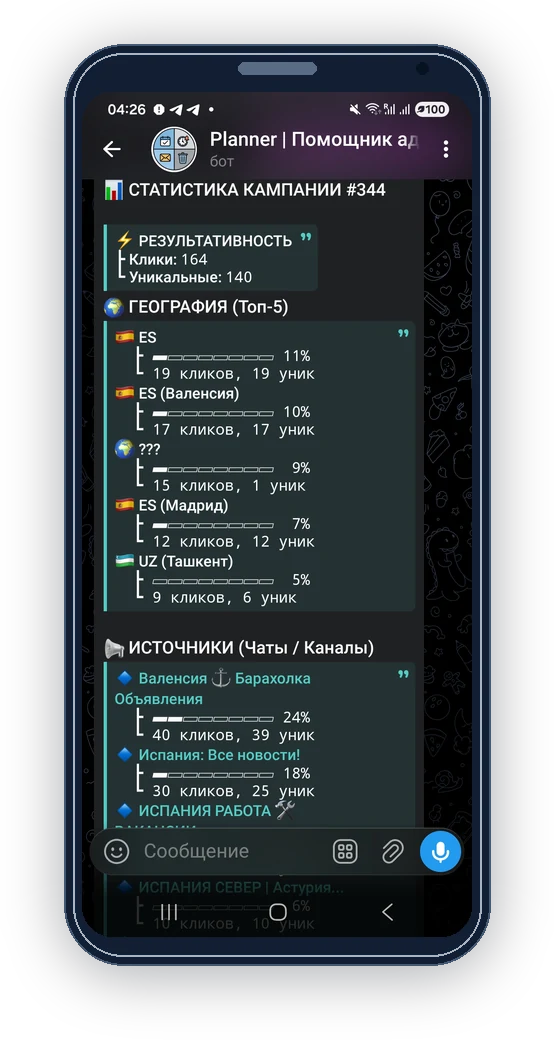 Экран статистики кликов ReklamaPlanbot