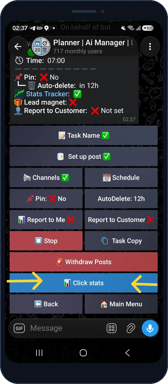 Click stats button in the task menu of ReklamaPlanbot