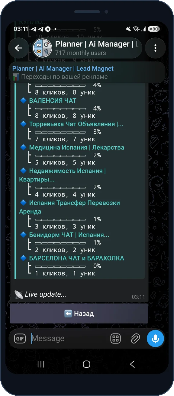 Источники трафика по чатам и каналам
