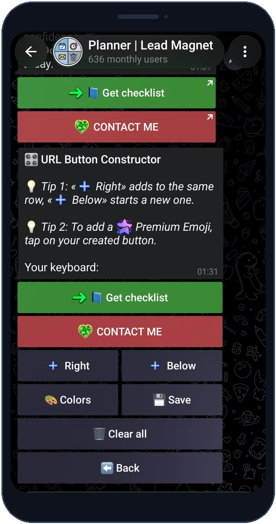 Choosing the lead magnet or manual URL button mode in ReklamaPlanbot