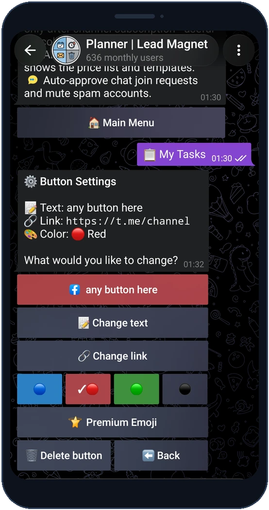 Colored Telegram button settings with label, URL, color, and premium emoji