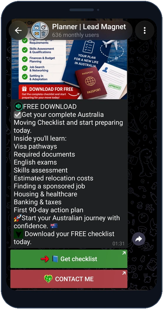 Telegram ad post preview with green and red colored CTA buttons