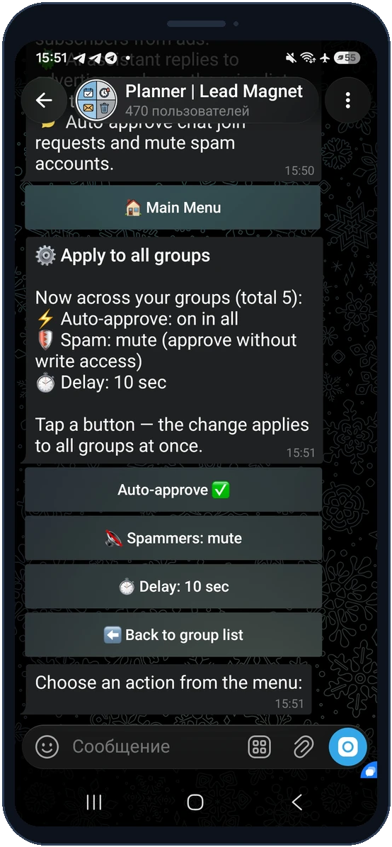 Auto-approve settings applied to all groups: approve, spam action, delay