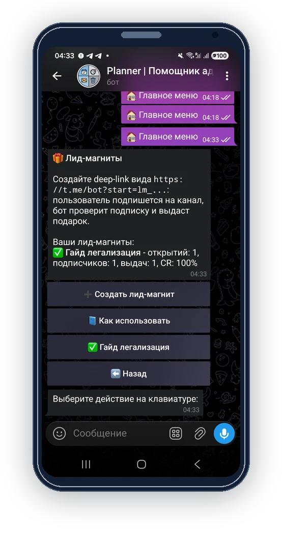 Экран лид-магнитов ReklamaPlanbot