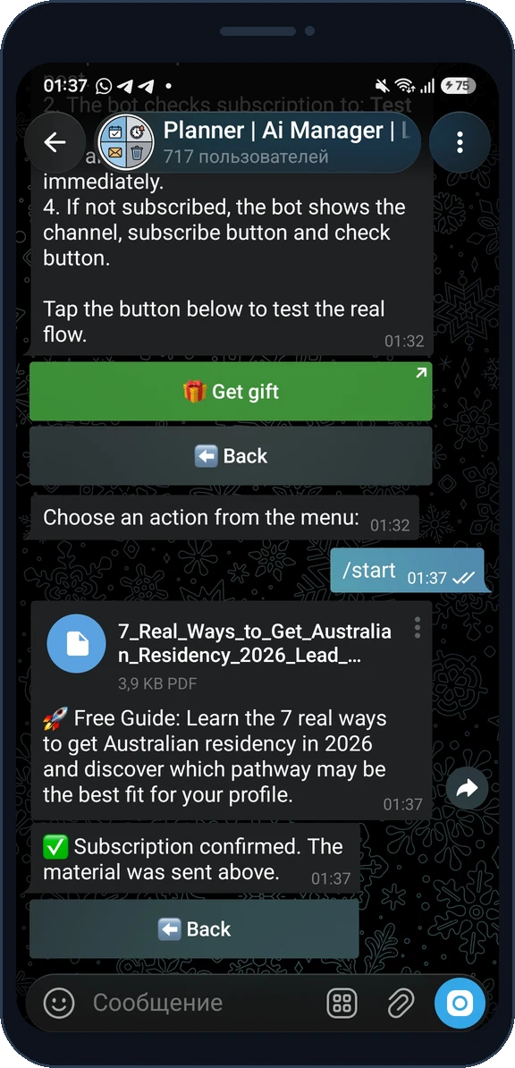 Subscription confirmed and the gift file delivered to the subscriber
