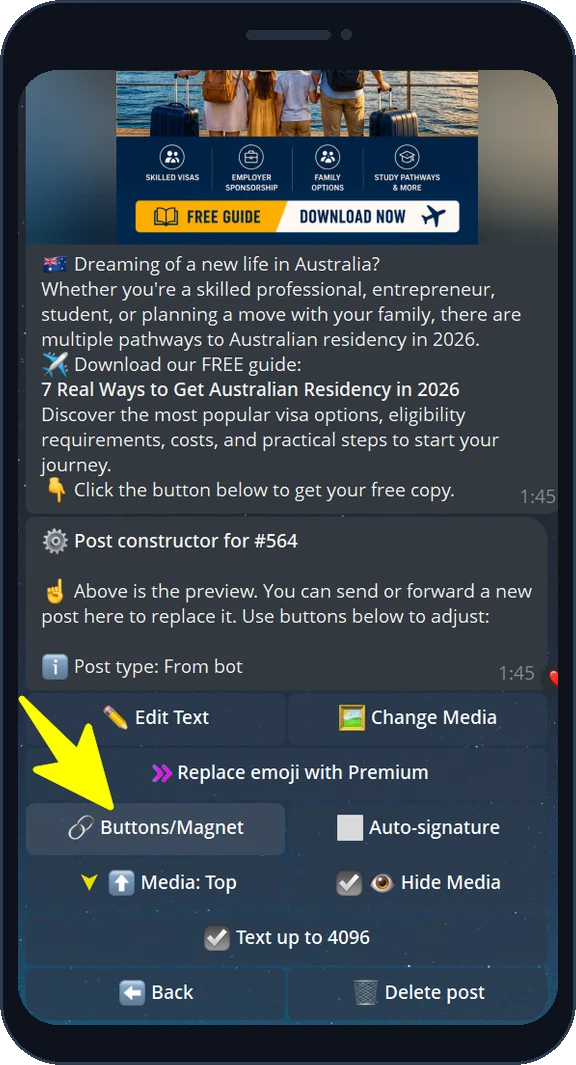 Buttons and Magnet option in the ReklamaPlanbot post constructor