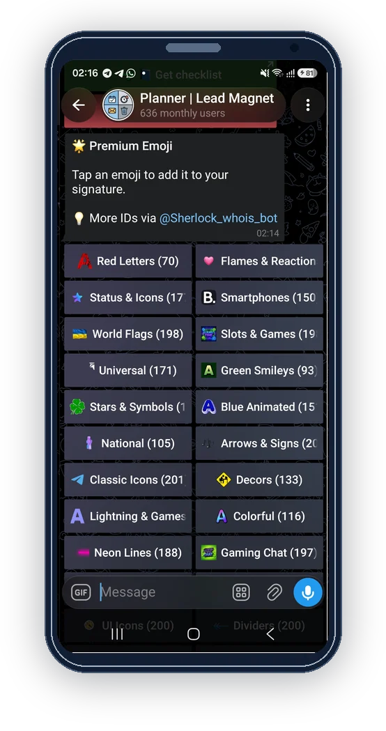 Premium emoji catalog categories in ReklamaPlanbot