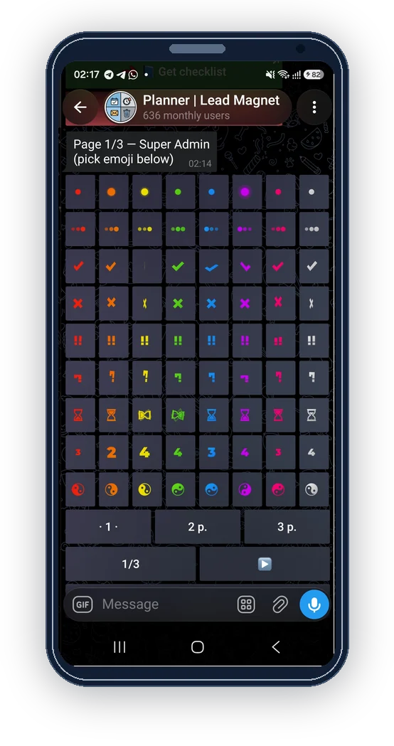 Premium emoji grid selection page in ReklamaPlanbot