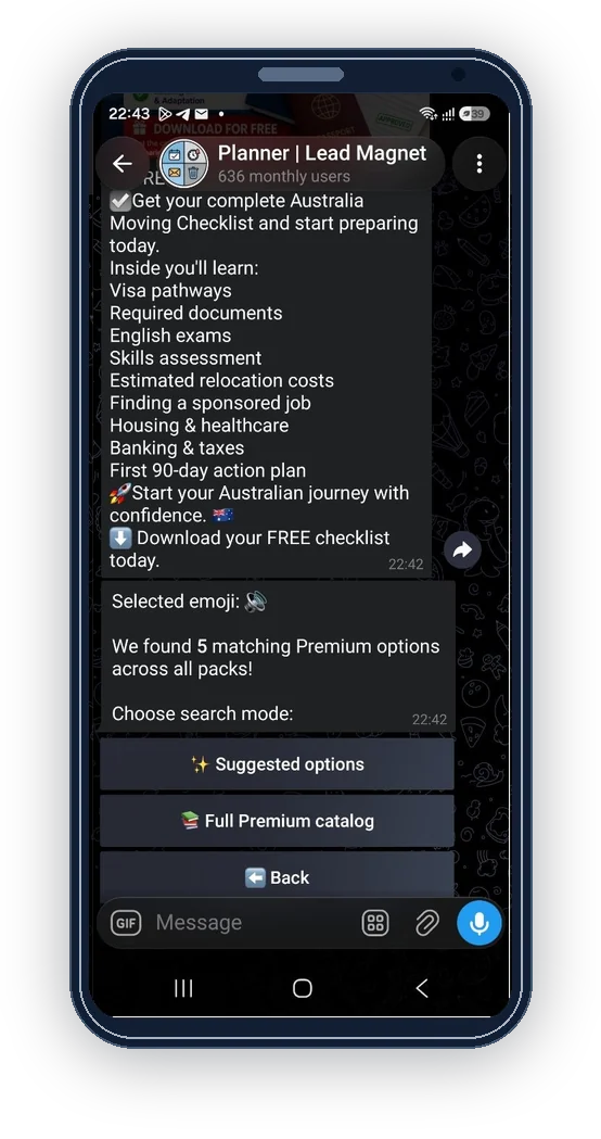 Suggested premium emoji options and full premium catalog buttons