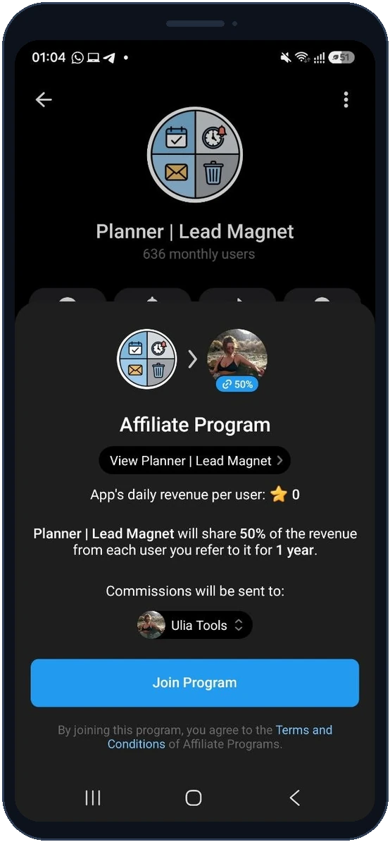 Telegram affiliate program card: 50% of revenue for a year, Join Program button