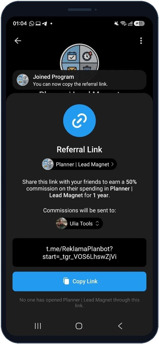 Personal Telegram affiliate link generated inside the app