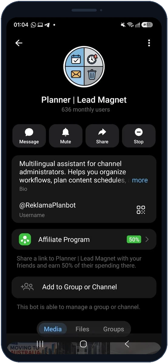 ReklamaPlanbot profile with the Affiliate Program section at 50%